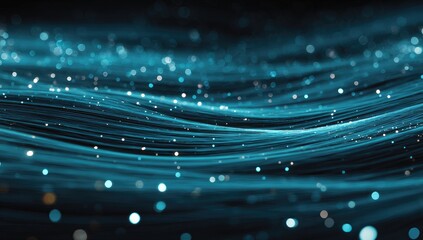 Abstract blue wavy lines with sparkling bokeh, dark background