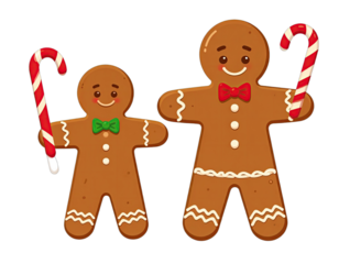Two cartoon gingerbread figures with bowties and candy canes on a black background