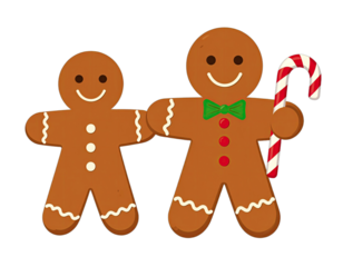 Two gingerbread figures hold hands, one with a candy cane and bow tie