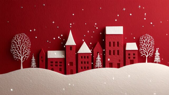 フェルトの赤い空に切り紙の家並みと雪を重ねた手作り風冬背景素材
