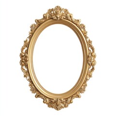 Ornate golden oval picture frame with decorative carving, isolated on white