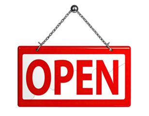 A glossy, rectangular sign with the word "OPEN" against a red frame and black background