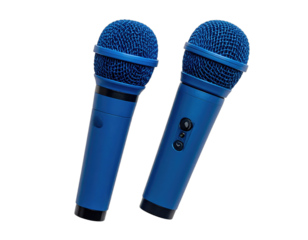 Two blue microphones against a black background. One angle view, studio shot