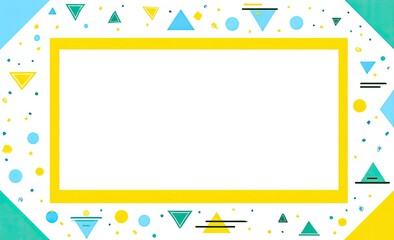 Geometric shapes frame a white space, light blue, yellow, green triangles/circles