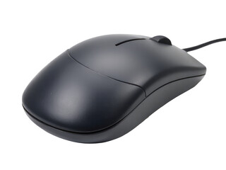 A black computer mouse on a white surface