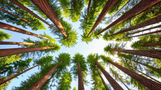 Ancient Giants: A breathtaking perspective of towering redwood trees reaching towards the sky, creating a cathedral of nature's majesty.