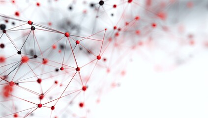 Abstract network of red & black spheres connected by fine lines on white