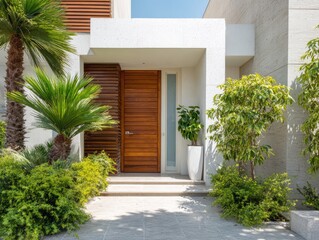 Modern home entrance with wood door, palm trees, and lush green landscaping