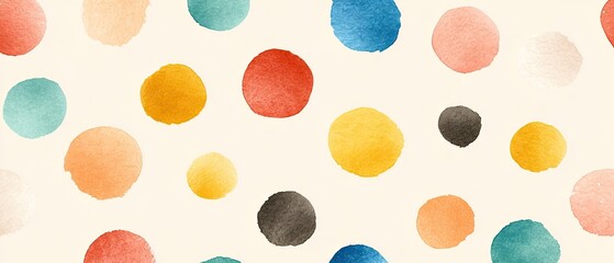 Polka dot pattern of assorted colored circles with watercolor effect on off-white