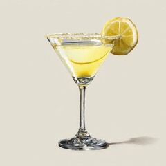 A vibrant, golden cocktail in a martini glass, garnished with a lemon slice and sugared rim
