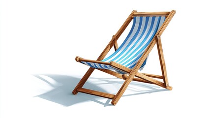 Wooden beach chair with blue and white stripes sits on a white background