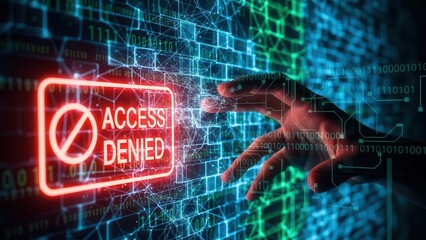 Cybersecurity threat concept, hand trying to touch red Access Denied sign, representing unauthorized entry attempt, firewall blocking, and system protection