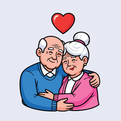 Fototapeta premium Elderly couple hugging with heart symbol showing love and affection vector illustration in simple style 