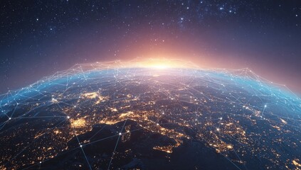 Global network.  Earth's cities connected by digital lines, a sunrise view