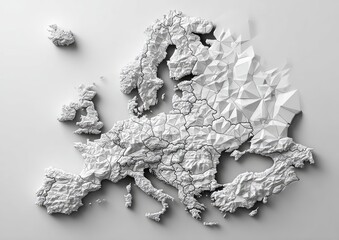 Geometric Europe map, white, textured, abstract, low-poly East, aerial view