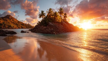 Tropical island paradise at sunset