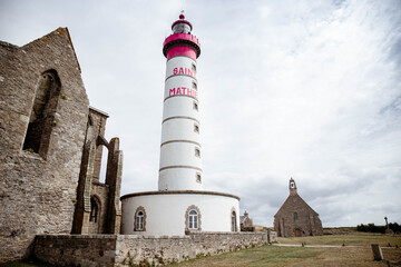 The lighthouse, chapel and abbey ruins at St Matthew point, a headland located in the commune of Plougonvelin in Finistere, Brittany, France.