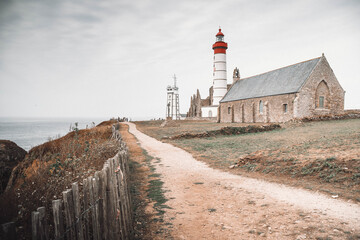 The lighthouse, semaphore,  chapel and abbey ruins at St Matthew point, a headland located in the commune of Plougonvelin in Finistere, Brittany, France.