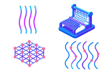 Quantum Weave Illustration. Isometric vector illustration set Quantum Loom Weave: luminescent warp threads, holographic loom,