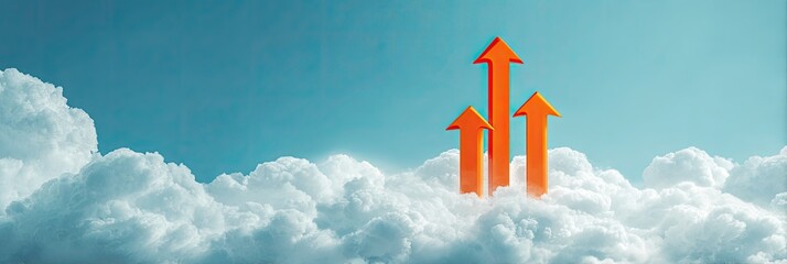 Orange arrows rise through fluffy clouds against a bright blue sky