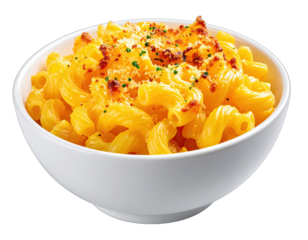 A close-up image of a white bowl overflowing with a creamy, cheesy macaroni dish