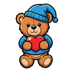 Fototapeta premium Cute teddy bear holding red heart wearing blue hat and sweater vector illustration for love and affection designs 