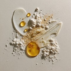 Cosmetic ingredients, textures, and drops.  Light, creamy, and powdered textures arranged on a light beige background.  Includes a few drops of liquid