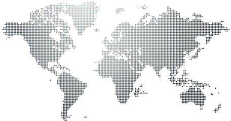 Dotted grayscale world map, continents represented by tiny circles on white background