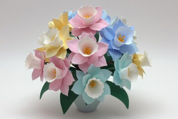 Pastel daffodils in a light-blue vase