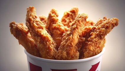 Crispy fried chicken fingers in a paper container