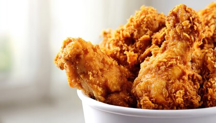 Crispy fried chicken pieces in white container
