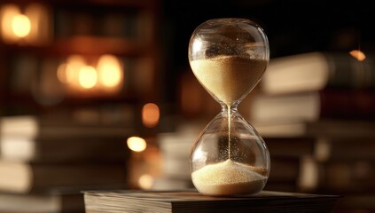 Hourglass on wooden base, warm light, books