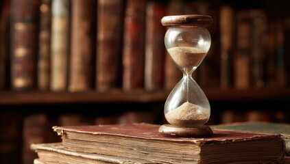 Vintage hourglass atop aged books, library setting