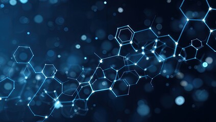 Abstract blue connected network of hexagons and glowing dots on a dark backdrop