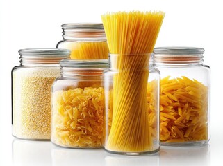 Glass jars filled with various types of pasta against a white background