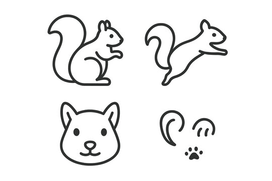 Squirrel Line Art Icons. Line style icons of Squirrel: sitting squirrel, jumping squirrel, squirrel face, curved tail, tiny paws,