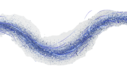 Dynamic wavy light trail with sparkling silver & sapphire particles, ethereal streaks, flowing gracefully against a clean transparent studio background with copy space, magical celebration concept