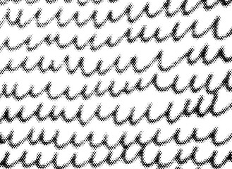 Macro halftone dots forming repeated hand-drawn scribble waves and zigzag doodle lines. Abstract sketchy pattern overlay with varied dot density. Transparent PNG with alpha channel.