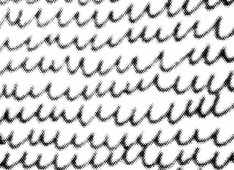 Macro halftone dots forming repeated hand-drawn scribble waves and zigzag doodle lines. Abstract sketchy pattern overlay with varied dot density. Transparent PNG with alpha channel.