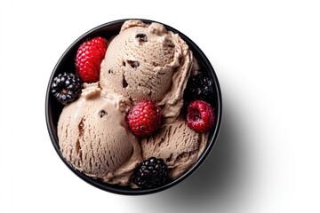 Chocolate ice cream scoops with berries
