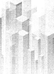 Macro halftone dot texture forming scattered square blocks and tiles. High-contrast black pattern with soft fades on a transparent background PNG for overlays and layouts.