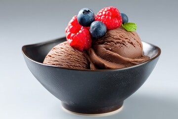 Dark chocolate ice cream scoops, topped with fresh berries and mint