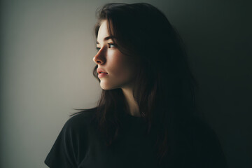 Young woman in side view studio portrait with freckles and soft directional lighting