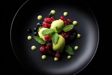 Lime sorbet with berries and mint, plated