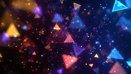 Floating geometric shapes, triangles and dots, in a dark, colorful space