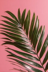 A close-up shot of a vibrant green palm leaf against a smooth, pink background