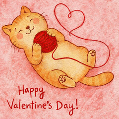 A cute hand-drawn illustration of a smiling cat for Valentine&rsquo;s Day greeting cards, romantic prints, nursery decor, gifts, and festive holiday designs.
