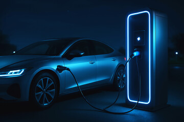 Futuristic Electric Vehicle Charging at Neon Station in Dark Night Environment
