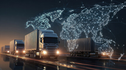 Global Transportation Network: Trucks and World Map with Connected Points