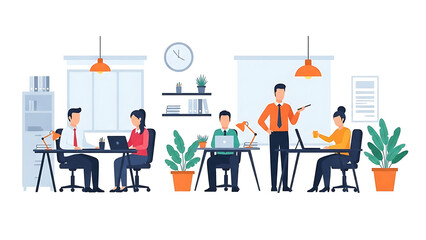Business people working together in modern office with laptops and plants